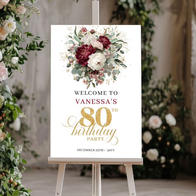 Póster de Bienvenida por el 80 Cumpleaños Boho Dee (Boho Deep Red Floral 80th Birthday Welcome Poster)