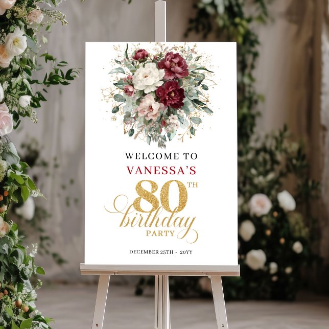 Póster de Bienvenida por el 80 Cumpleaños Boho Dee (Boho Deep Red Floral 80th Birthday Welcome Poster)
