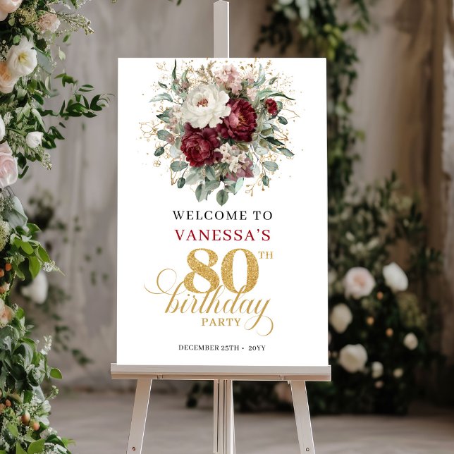 Póster de Bienvenida Rustico Boho Borgoña Cumpleañ (Rustic Boho Burgundy 80th Birthday Welcome Poster)