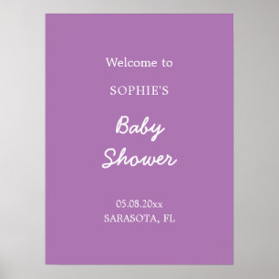 Póster de bienvenida suave púrpura para baby showe