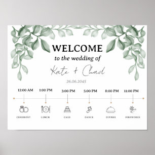 Póster de bienvenida y cronograma de boda Hojas Ve