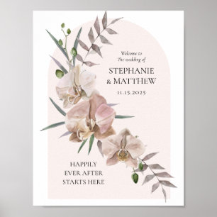 Póster de boda boho arco orquídeas polvorientas fl