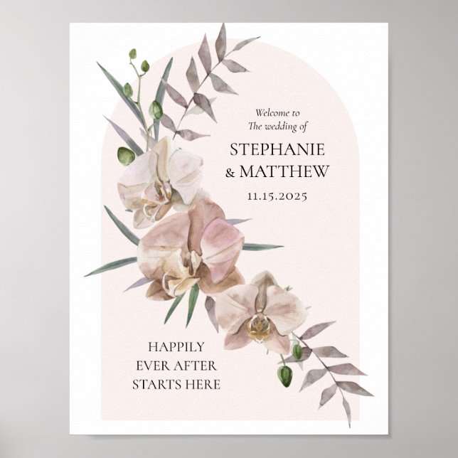 Póster de boda boho arco orquídeas polvorientas fl (Frente)