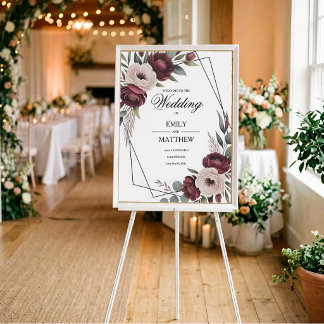 Póster de boda con flores de Borgoña enmarcado