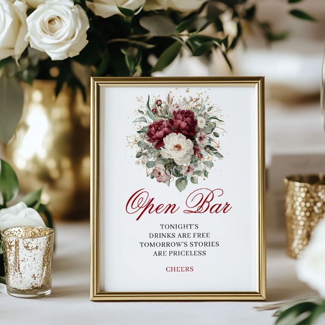 Póster de boda de barra abierta con rubor dorado y (Gold Blush Burgundy Open Bar Wedding Poster)