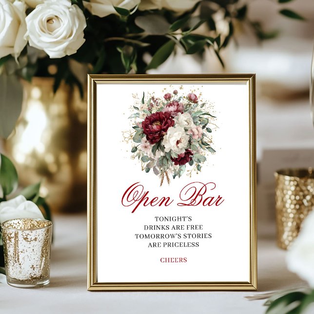 Póster de boda de barra abierta de lujo rosa burgu (Luxury Blush Burgundy Open Bar Wedding Poster)
