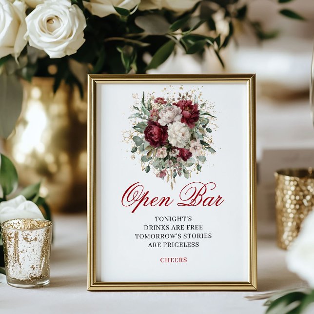 Póster de boda de barra abierta de rubor botánico  (Botanical Blush Burgundy Open Bar Wedding Poster)