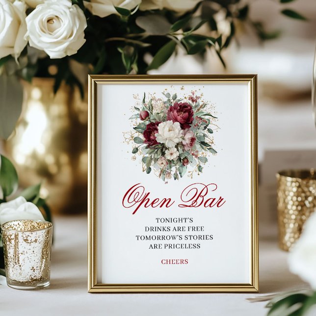 Póster de boda de barra abierta Glam Blush Burgund (Glam Blush Burgundy Open Bar Wedding Poster)