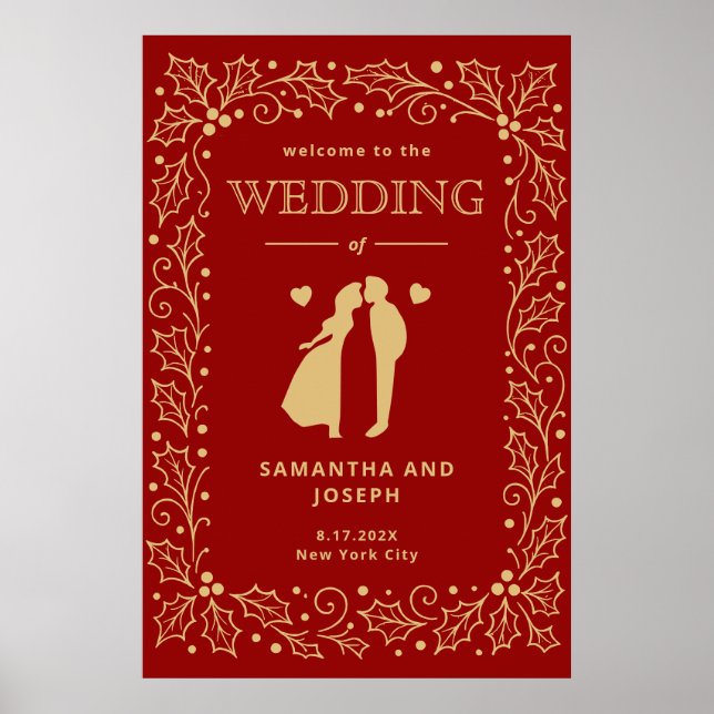 Póster de boda de lujo rojo y dorado antiguo (Frente)