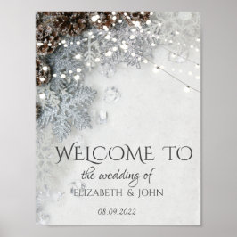 Póster de boda de piña de pino y copos de nieve