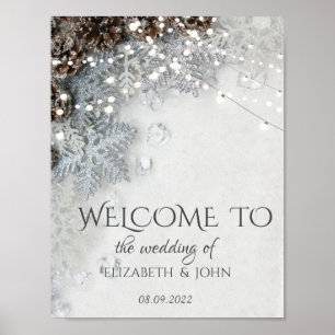 Póster de boda de piña de pino y copos de nieve