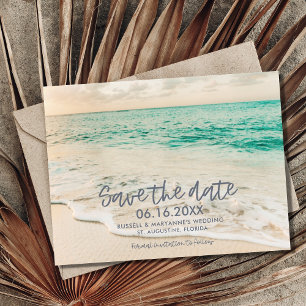 Póster de boda en la playa al atardecer, tarjeta d