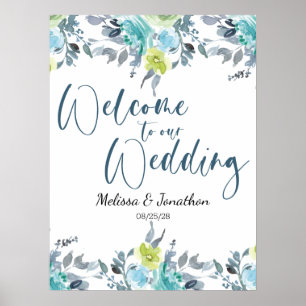 Póster de boda floral amarillo azul claro verde