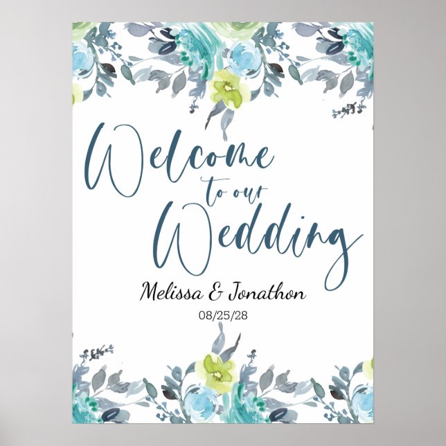 Póster de boda floral amarillo azul claro verde (Frente)
