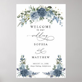 Póster de boda floral azul polvoriento elegante