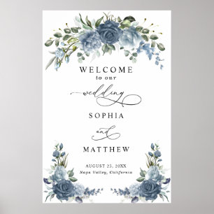Póster de boda floral azul polvoriento elegante