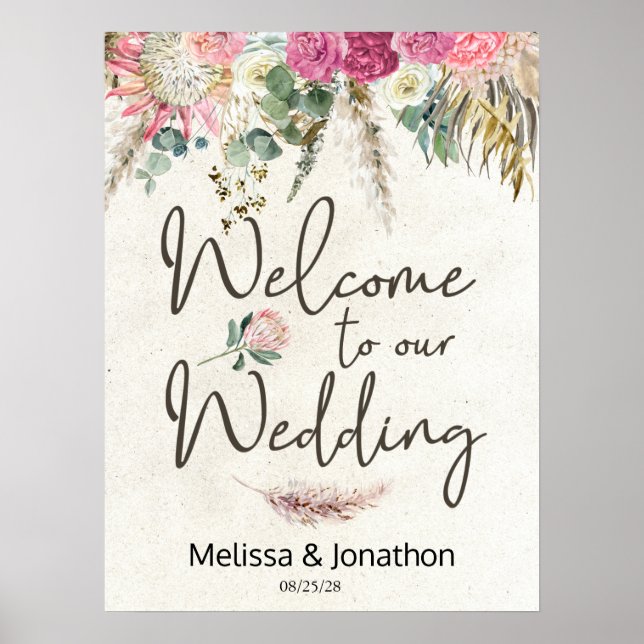 Póster de boda floral boho pastel neutral (Frente)