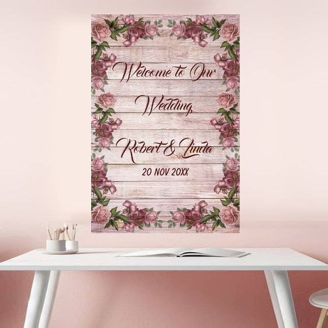 Póster de boda floral de rosa rústica campestre (Rustic Woodland Rose Floral Country Wedding Poster)