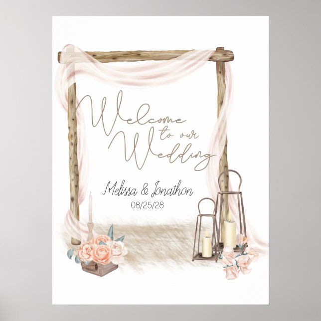 Póster de boda floral elegante boho moderno rosa (Frente)