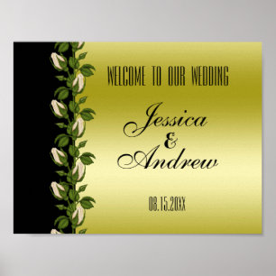 Póster de boda romántico floral chic oro y negro