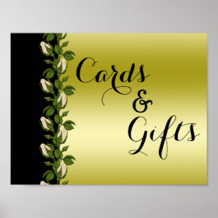Póster de boda romántico floral chic oro y negro
