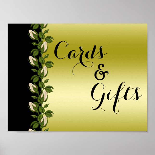 Póster de boda romántico floral chic oro y negro (Frente)