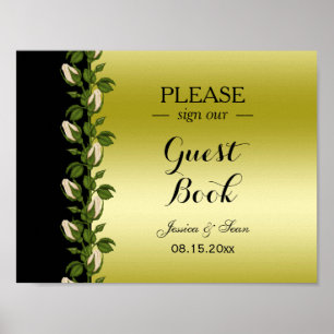 Póster de boda romántico floral chic oro y negro