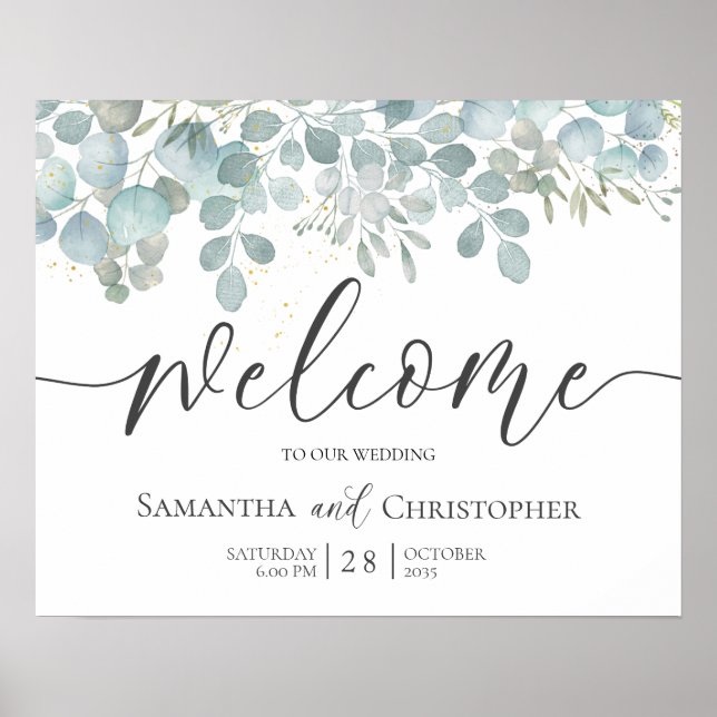 Póster de boda rústico de eucalipto verde salvia d (Frente)