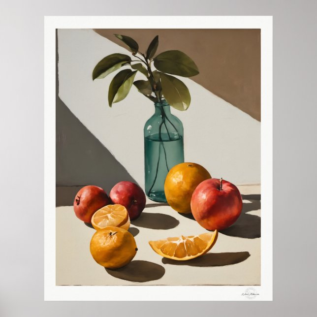 Póster de bodegón de cítricos con botella de vidri (Frente)