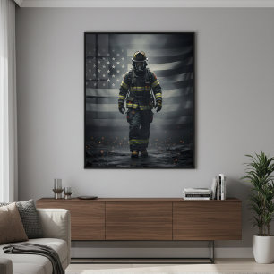 Póster de bombero heroico caminando a través del h