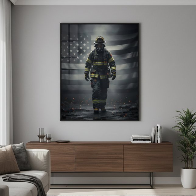 Póster de bombero heroico caminando a través del h (Subido por el creador)