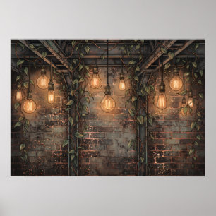 Póster de bombillas Edison de pared de ladrillo in