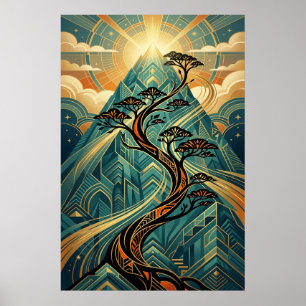 Póster de Bonsai Japonés Art Deco Montaña Dorado T