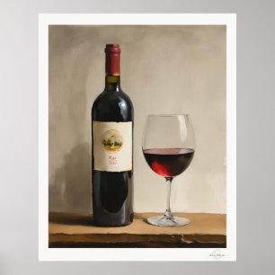 Póster de Botella y Copa de Vino Tinto