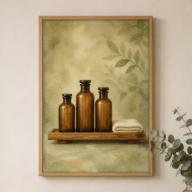 Póster de botellas ámbar sobre granja de acuarela  (Shown framed for scale. Poster ships unframed; frames are an optional add-on.)