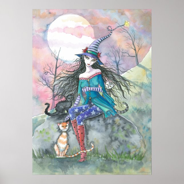 Póster de Bruja de Halloween y Gatos de Molly Harr (Frente)