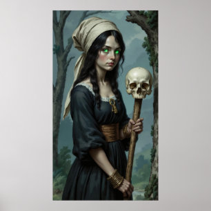 Póster de bruja gótica ojos verdes cráneo bastón