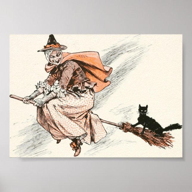 Póster de Bruja Vintage con Escoba y Gato (Frente)