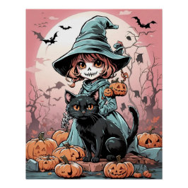 Póster de bruja zombie de Halloween con gato negro