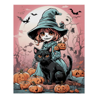 Póster de bruja zombie de Halloween con gato negro