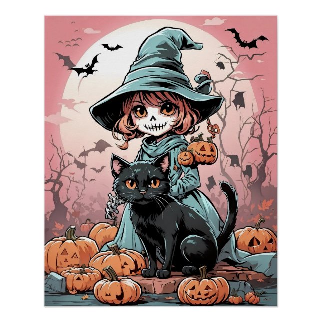 Póster de bruja zombie de Halloween con gato negro (Anverso)