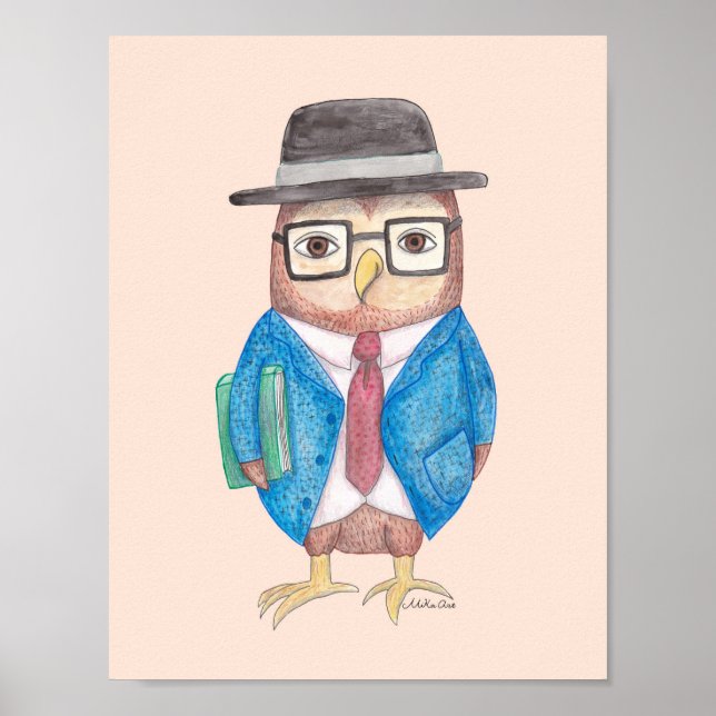Póster de búho Búho divertido con libro Decoración (Frente)