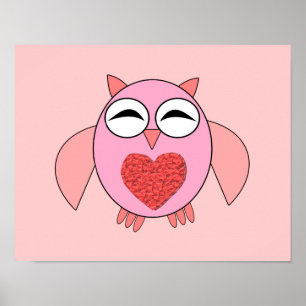 Póster de búho con corazón de amor rosa