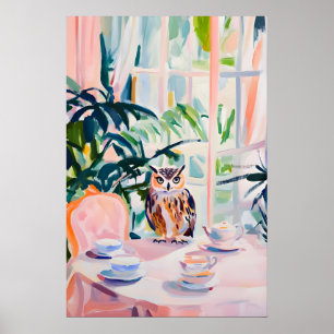 Póster de búho retro, pintura al óleo de búho, búh
