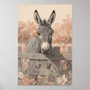 Póster de burro gris en la valla del jardín de lav
