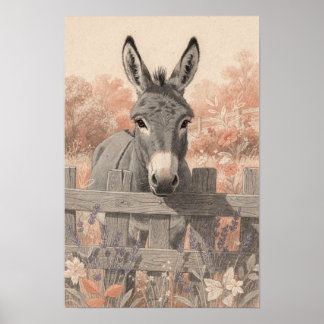 Póster de burro gris en la valla del jardín de lav