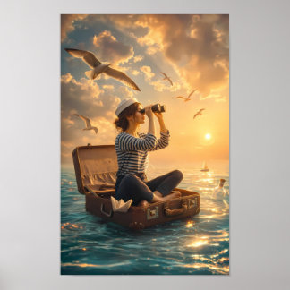 Póster de Buscador Iluminado por el Sol en el Mar