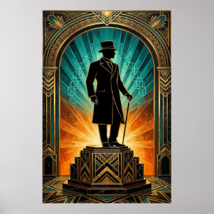 Póster de caballero con sombrero de copa y bastón 