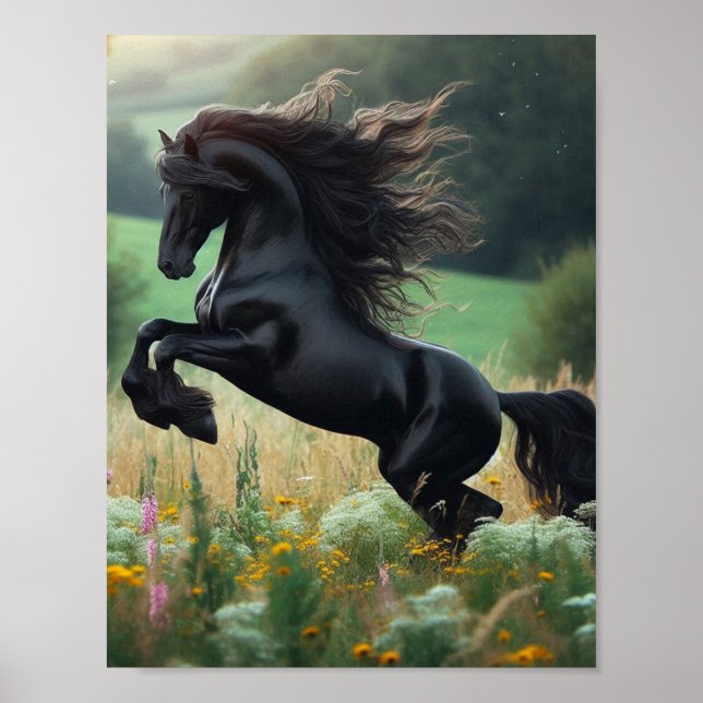 Póster de caballo negro en la pared (Frente)