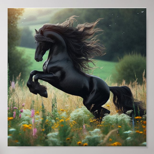 Póster de caballo negro en la pared (Frente)